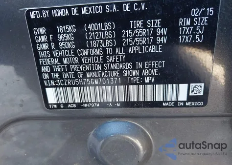 2016 Honda Hr-V Ex-L from USA, damaged, VIN 3CZRU5H75GM701371